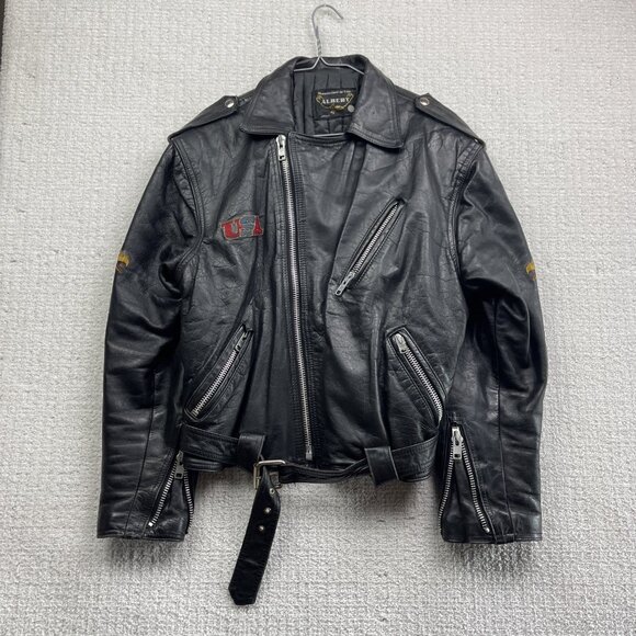 VTG Albert Montreal Leather Black Biker Jacket Coat Eagles American Flag USA REA - Picture 2 of 16